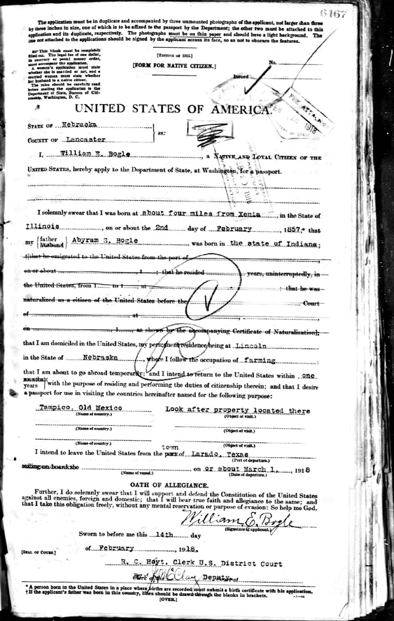 William E. Bogle Passport Application 1918