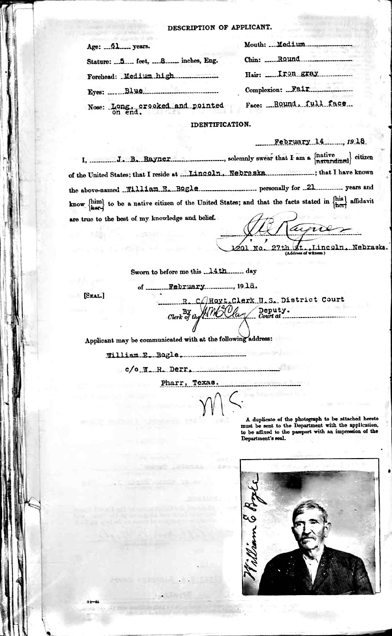 William E. Bogle Passport Application 1918