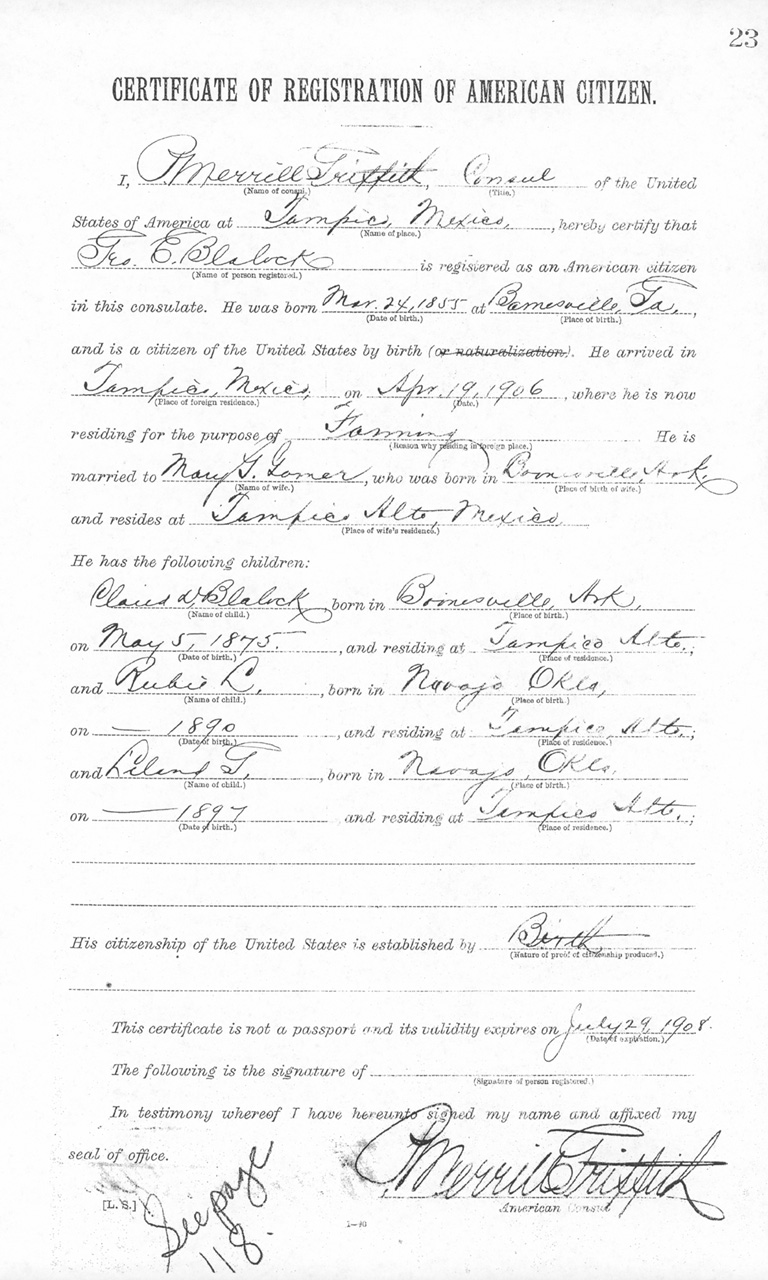 Geo. E. Blalock Certificate of Registration of American Citizen 1907