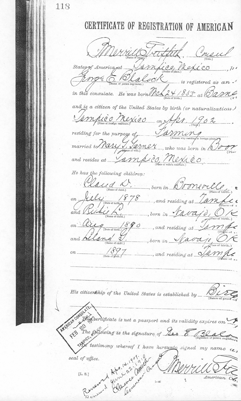 Geo. E. Blalock Certificate of Registration of American Citizen 1911