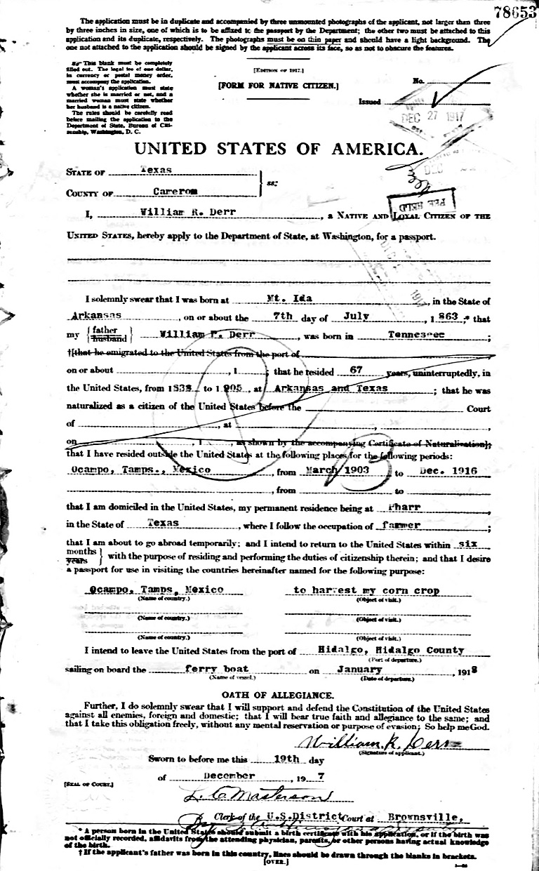 William R. Derr Passport Application 1917