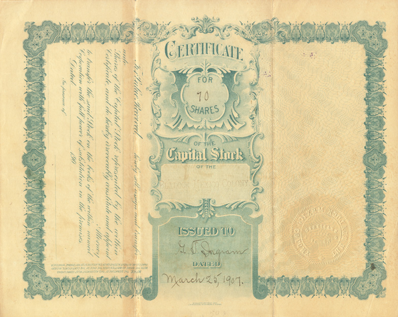 Ingram Stock Certificate #284 back