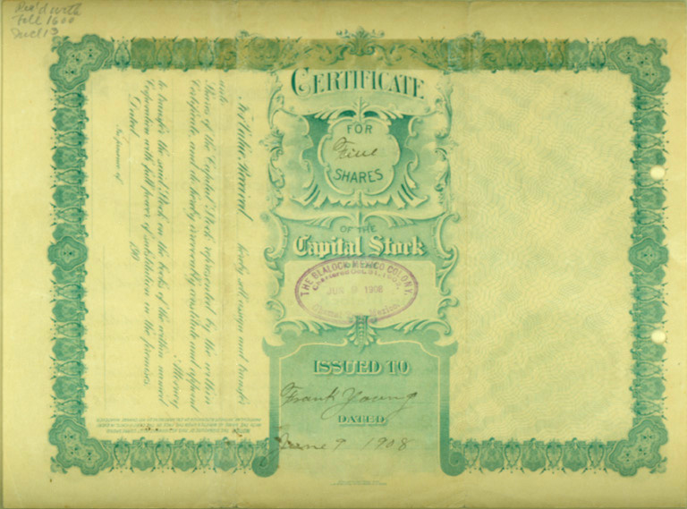 Young Stock Certificate # 321 back