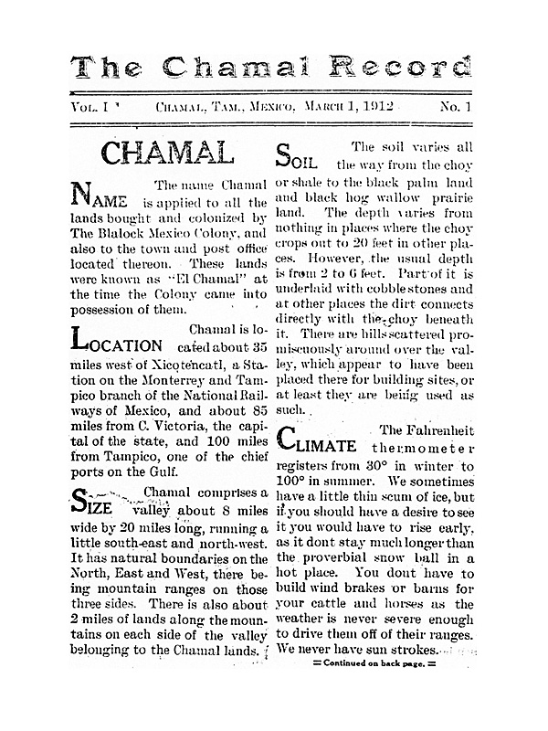 CHAMAL RECORD April 1, 1912, Vol 1 No 3 p 1