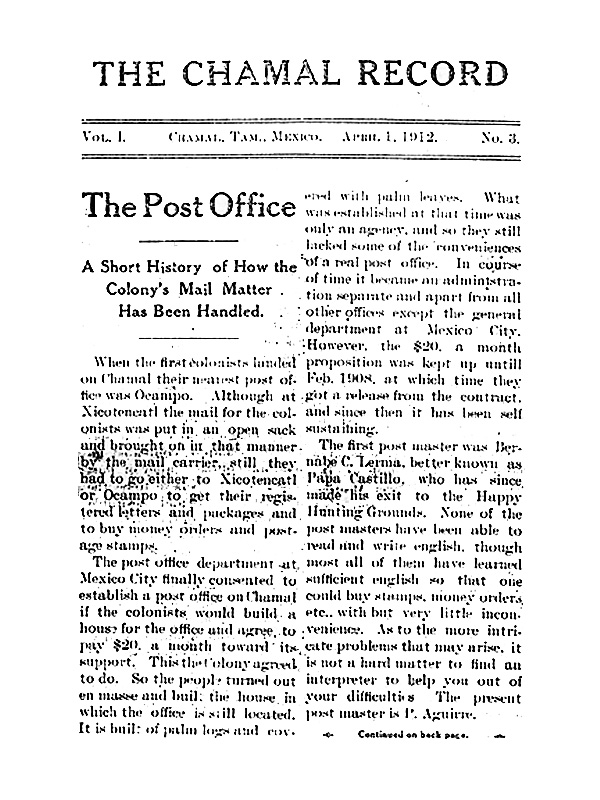 CHAMAL RECORD April 1, 1912, Vol 1 No 3 p 1