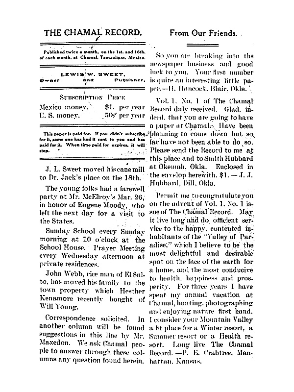 CHAMAL RECORD April 1, 1912, Vol 1 No 3 p 1