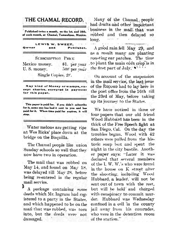 CHAMAL RECORD April 1, 1912, Vol 1 No 3 p 1