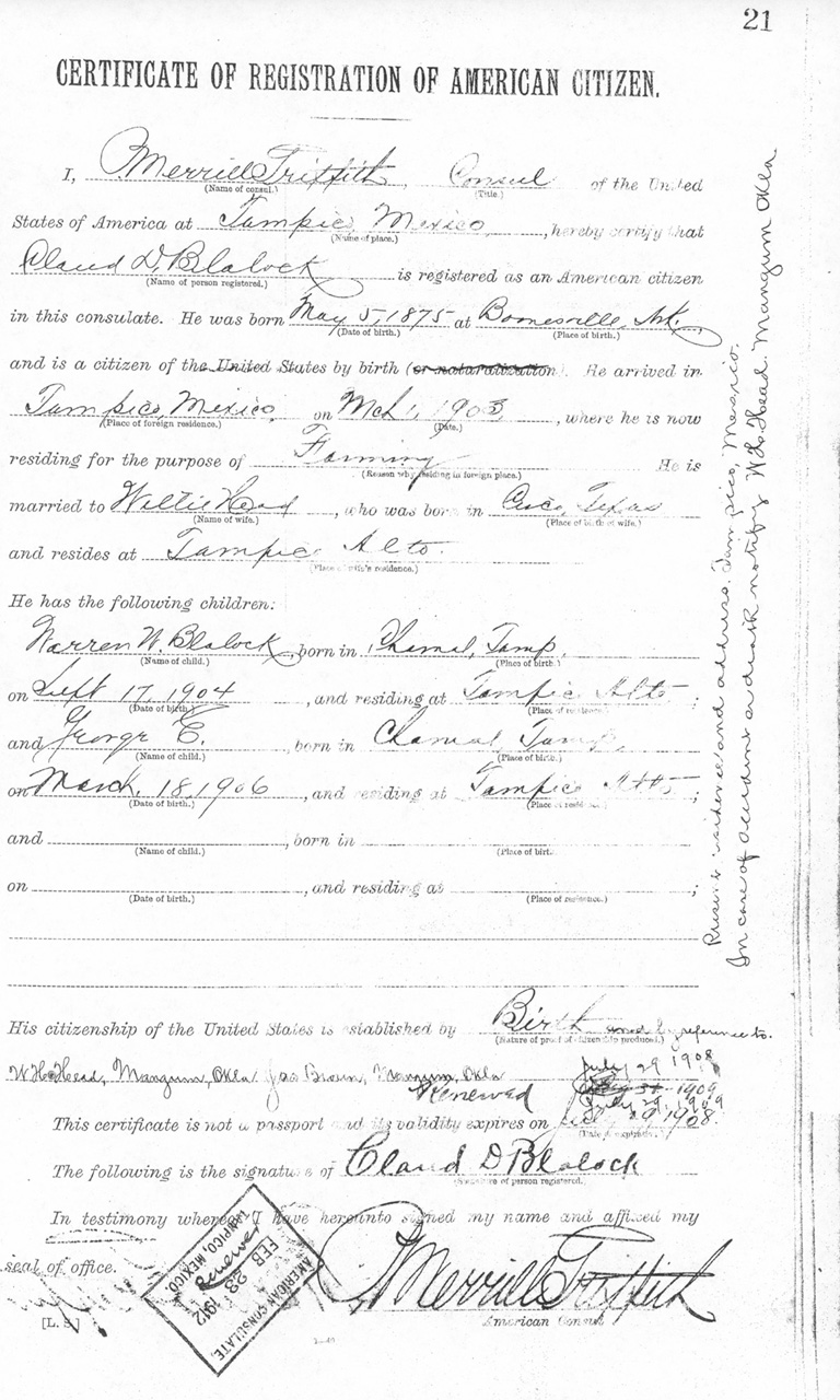 Claud D. Blalock Certificate of Registration of American Citizen 1907