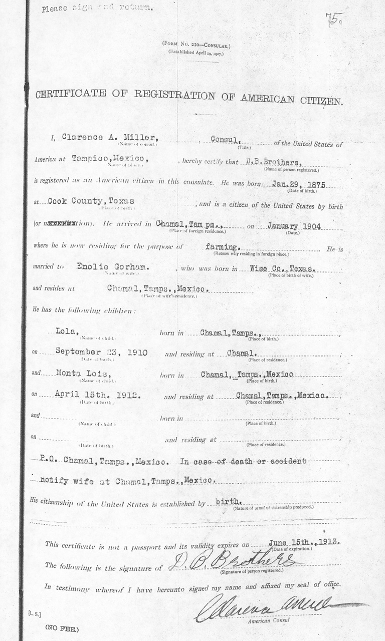 D. B. Brothers  Certificate of Registration of American Citizen 1912