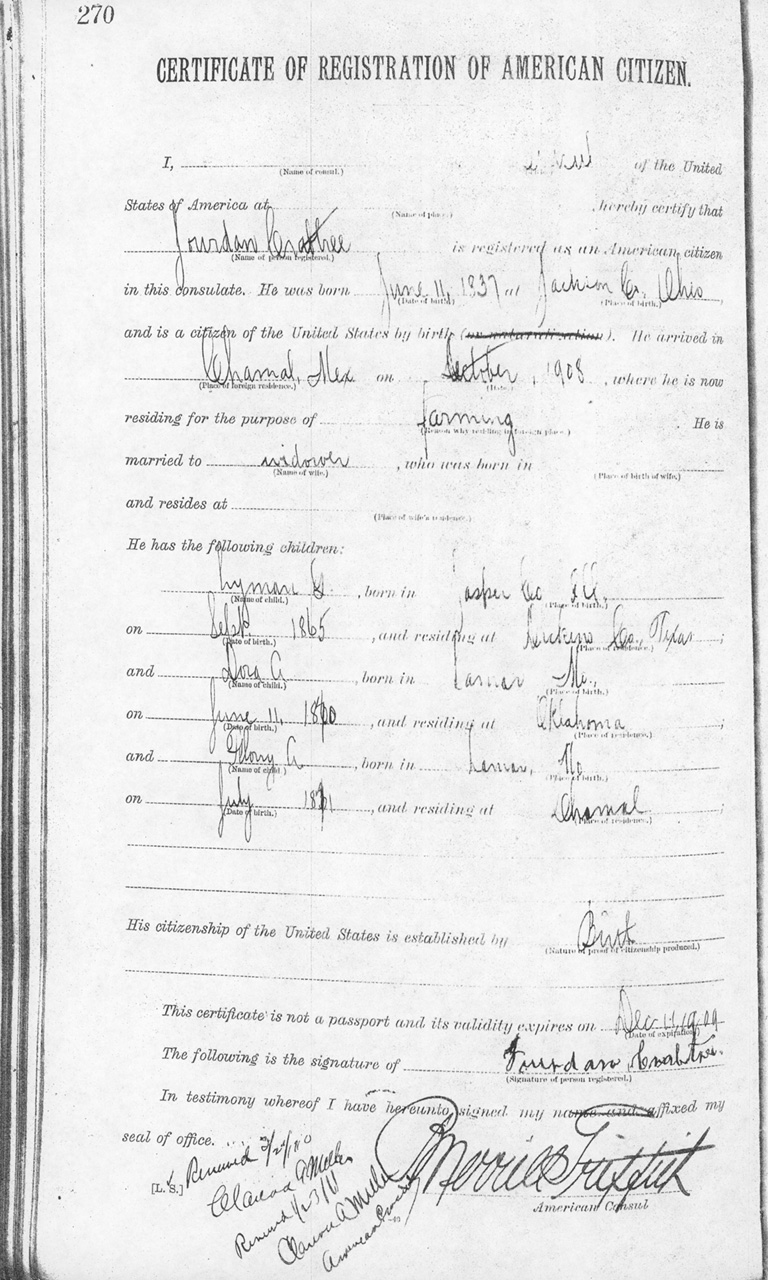 Jourdan Crabtree  Certificate of Registration of American Citizen 1908