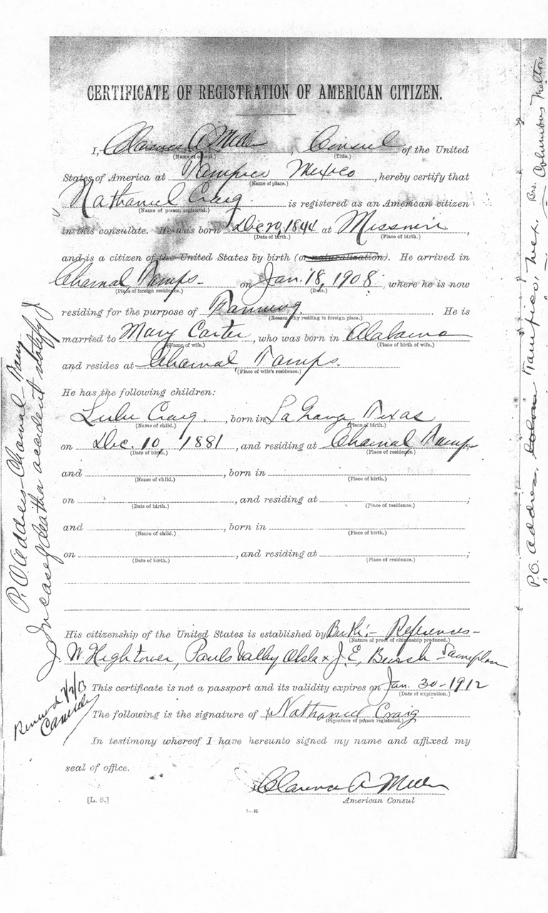 Nathaniel Craig  Certificate of Registration of American Citizen 1911