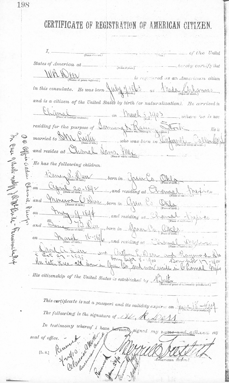 W. R. Derr 1908  Certificate of Registration of American Citizen