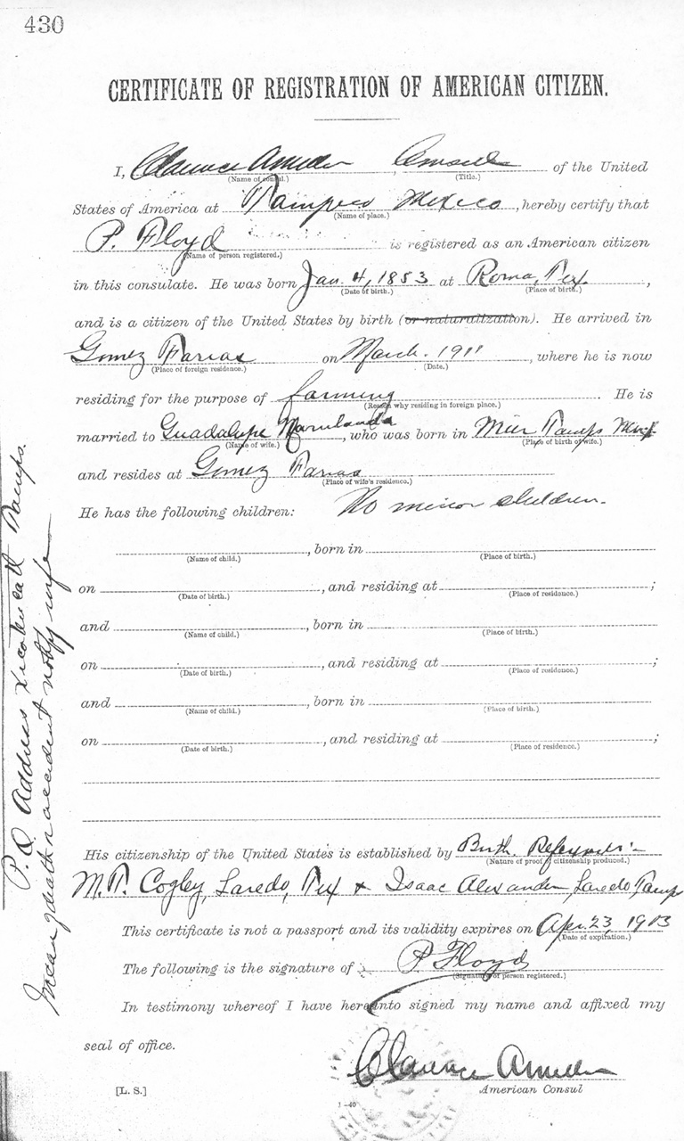 P. Floyd 1912 Certificate of Registration of American Citizen