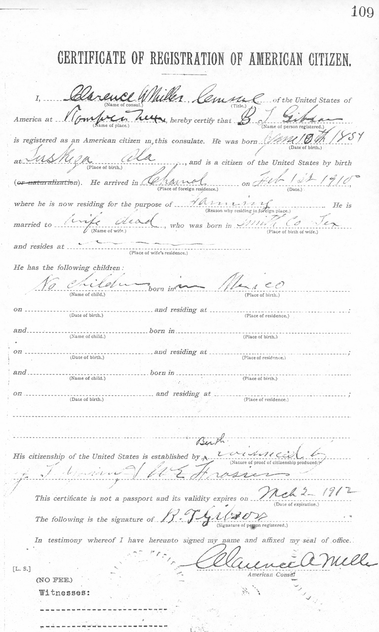 B. T. Gibson 1911 Certificate of Registration of American Citizen