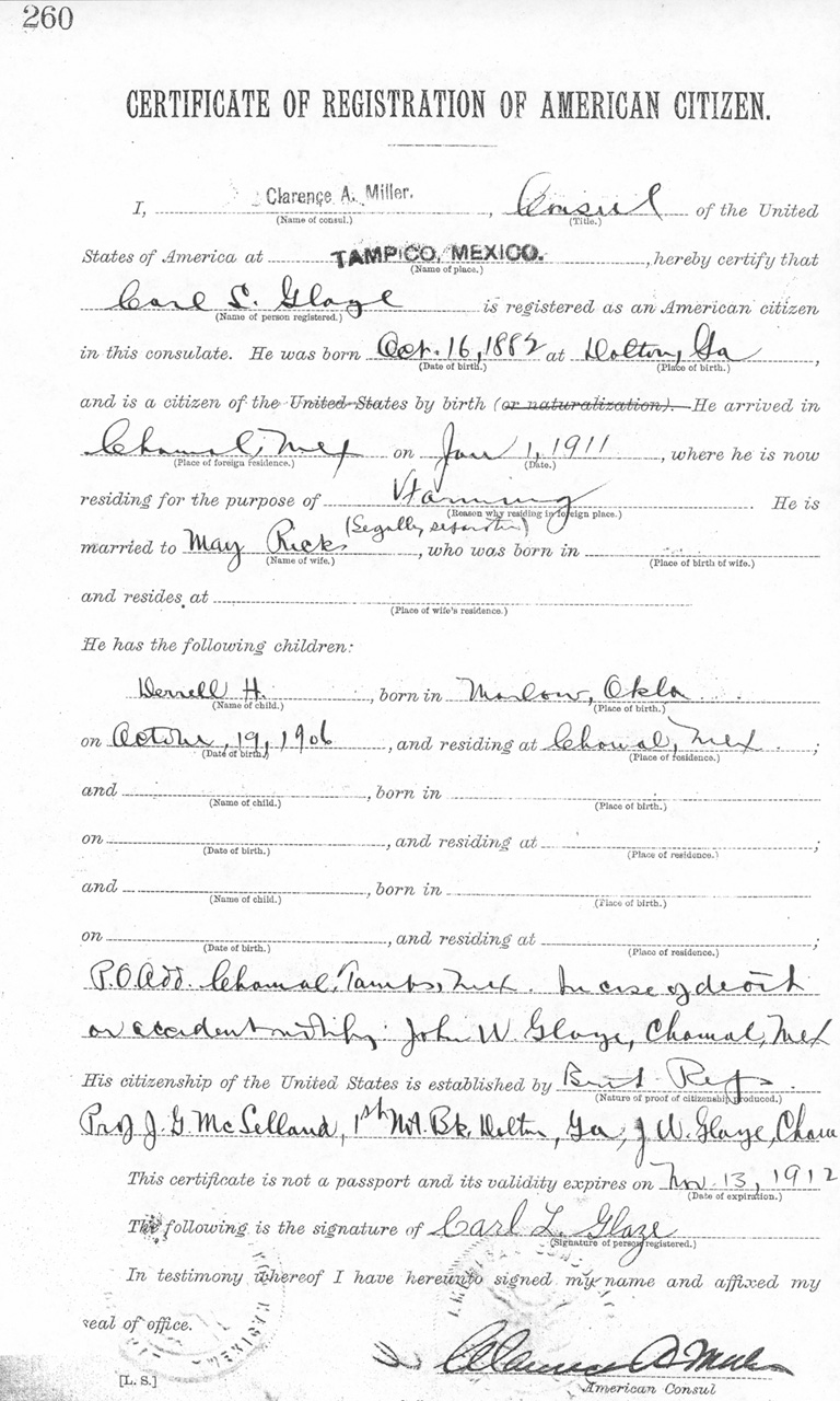 Carl L. Glaze 1911 Certificate of Registration of American Citizen