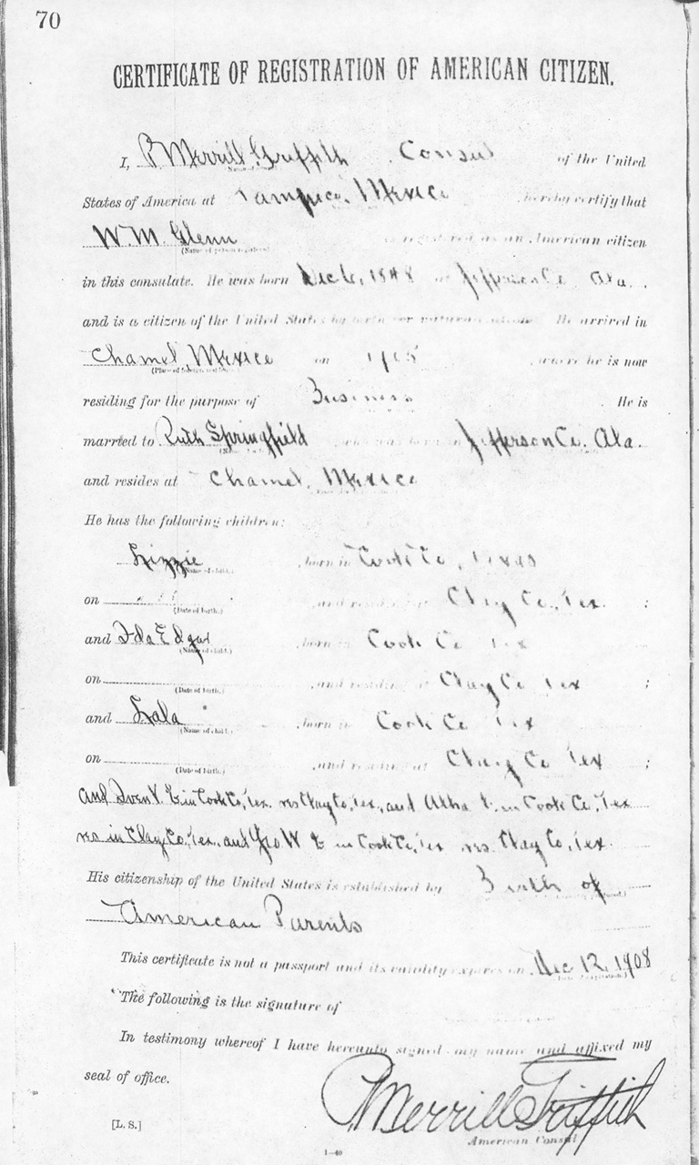 W. M. Glenn 1907 Certificate of Registration of American Citizen