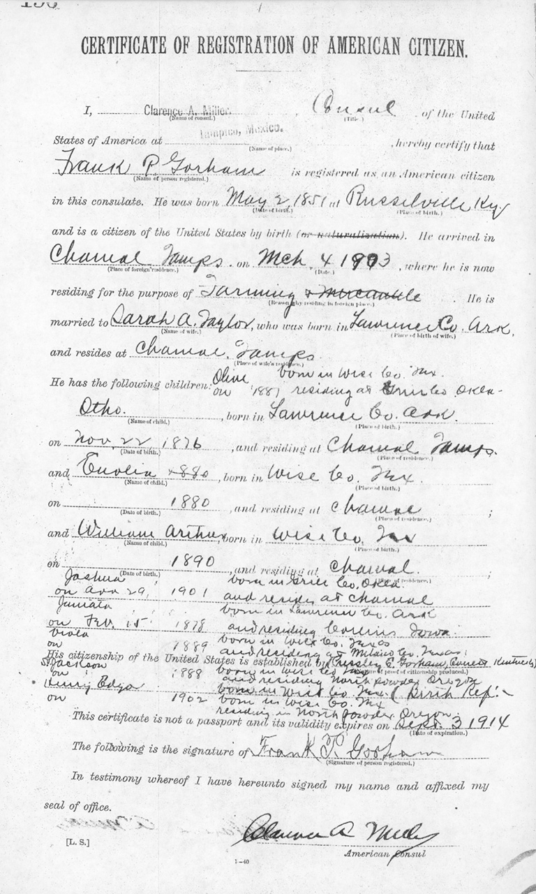 F. P. Gorham 1913 Certificate of Registration of American Citizen