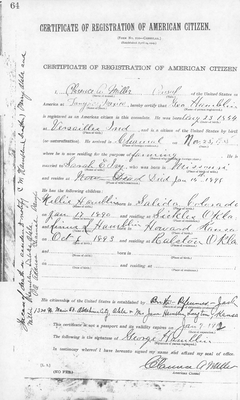George Hamblin 1912 Certificate of Registration of American Citizen