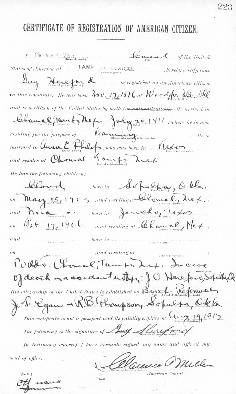 Guy Hereford 1911 Certificate of Registration of American Citizen
