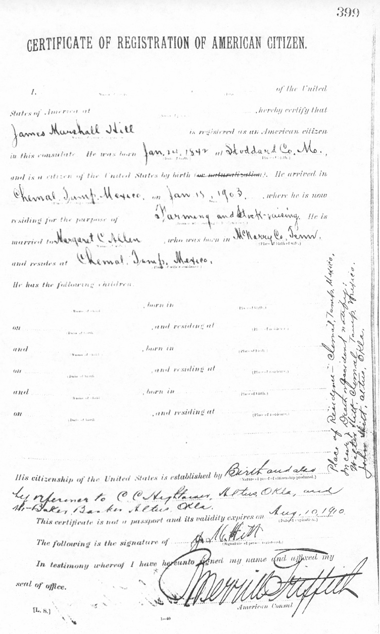 James Marshall Hitt 1909 Certificate of Registration of American Citizen