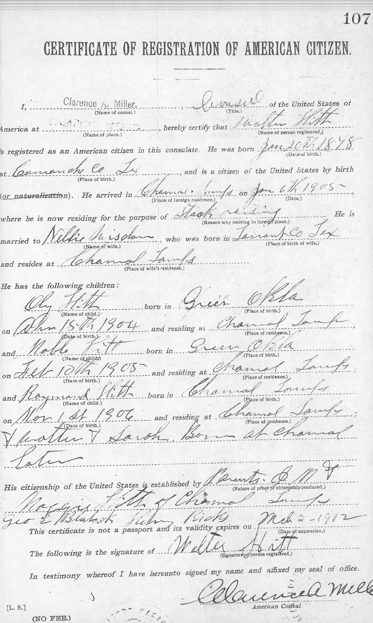Walter Hitt 1911 Certificate of Registration of American Citizen
