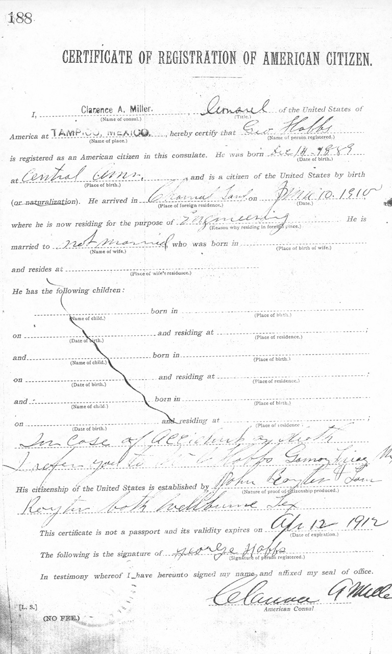 George Hobbs 1911 Certificate of Registration of American Citizen