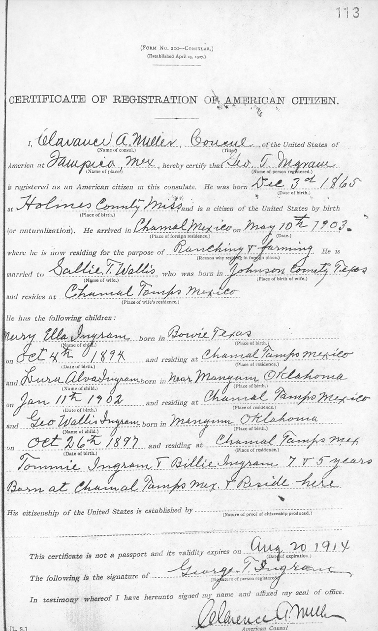 George T. Ingram 1913 Certificate of Registration of American Citizen