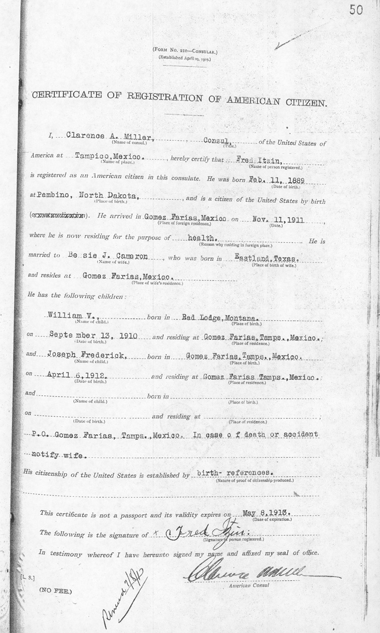 Fred Itzin 1911 Certificate of Registration of American Citizen