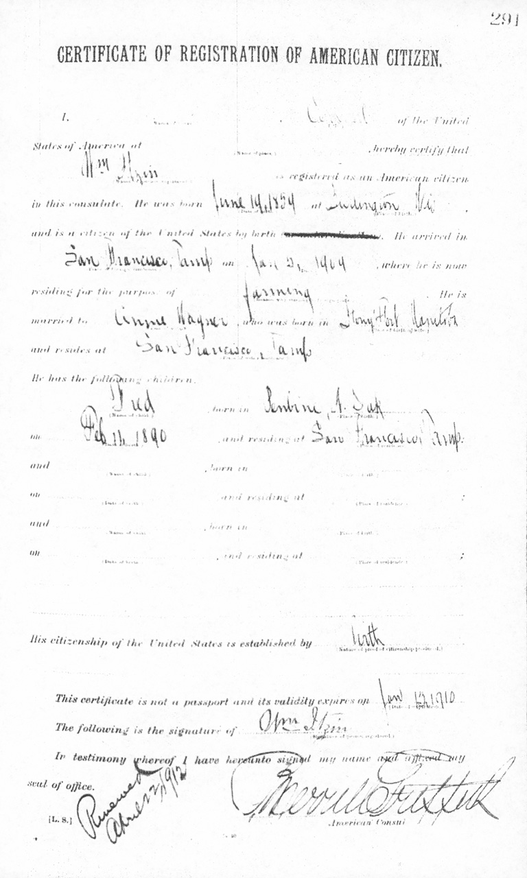 William Itzin 1909 Certificate of Registration of American Citizen