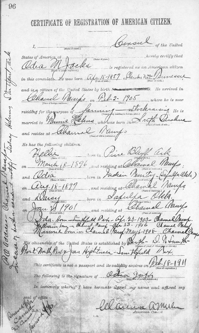 Odia M. Jacks 1910 Certificate of Registration of American Citizen