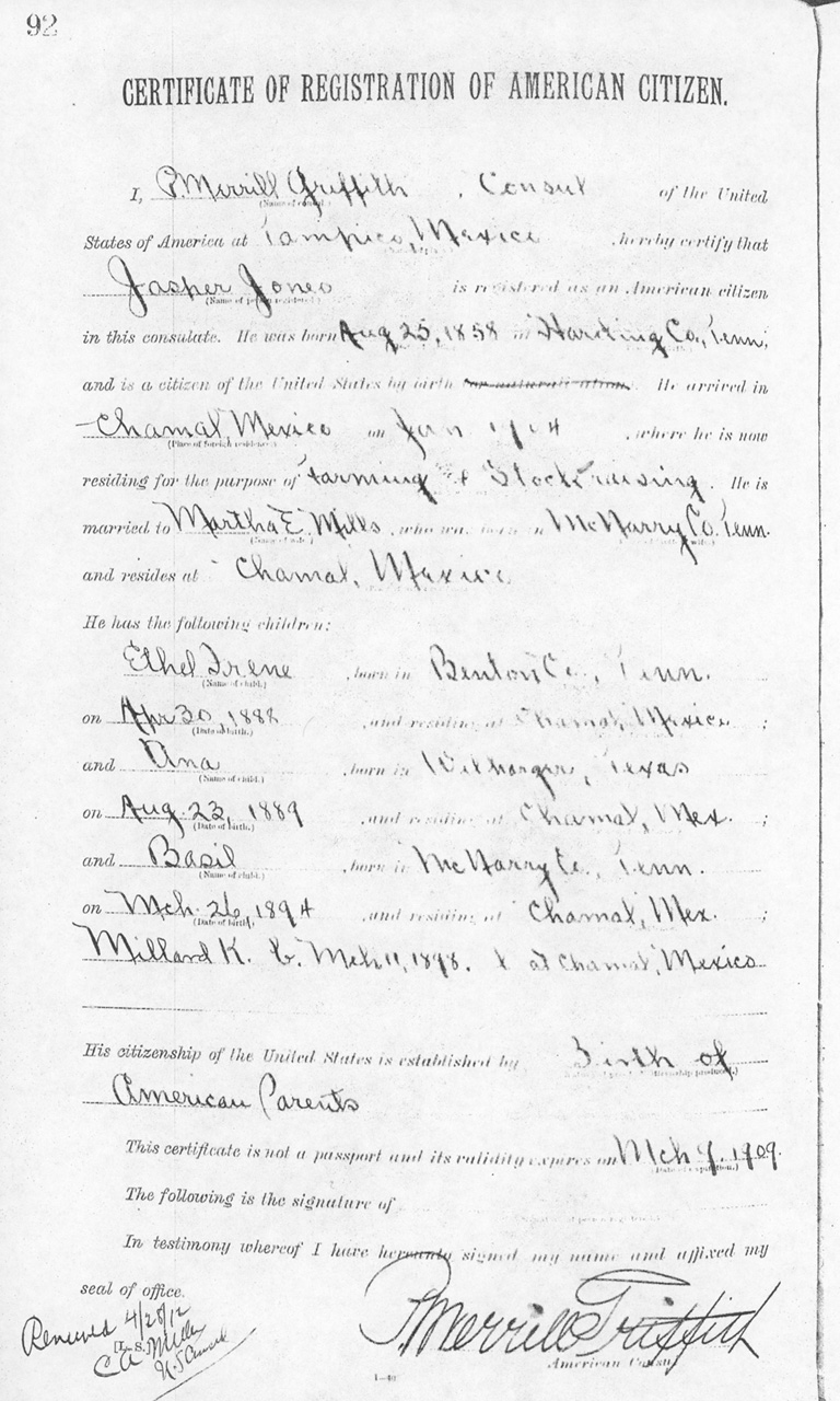 Jasper Jones 1908 Certificate of Registration of American Citizen