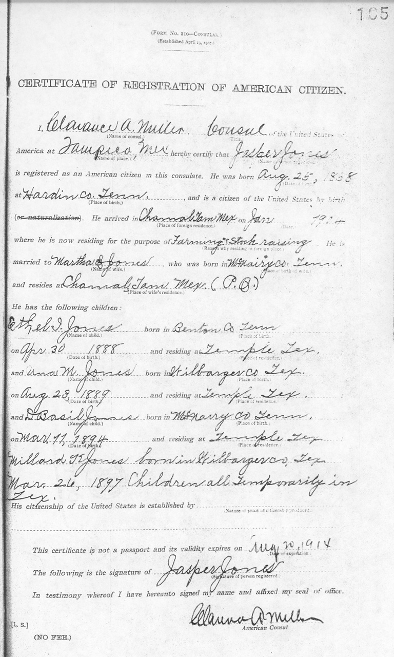 Jasper Jones 1913 Certificate of Registration of American Citizen