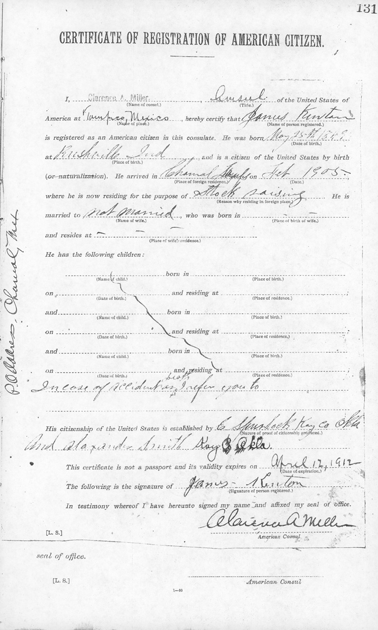 James Kenton 1911 Certificate of Registration of American Citizen