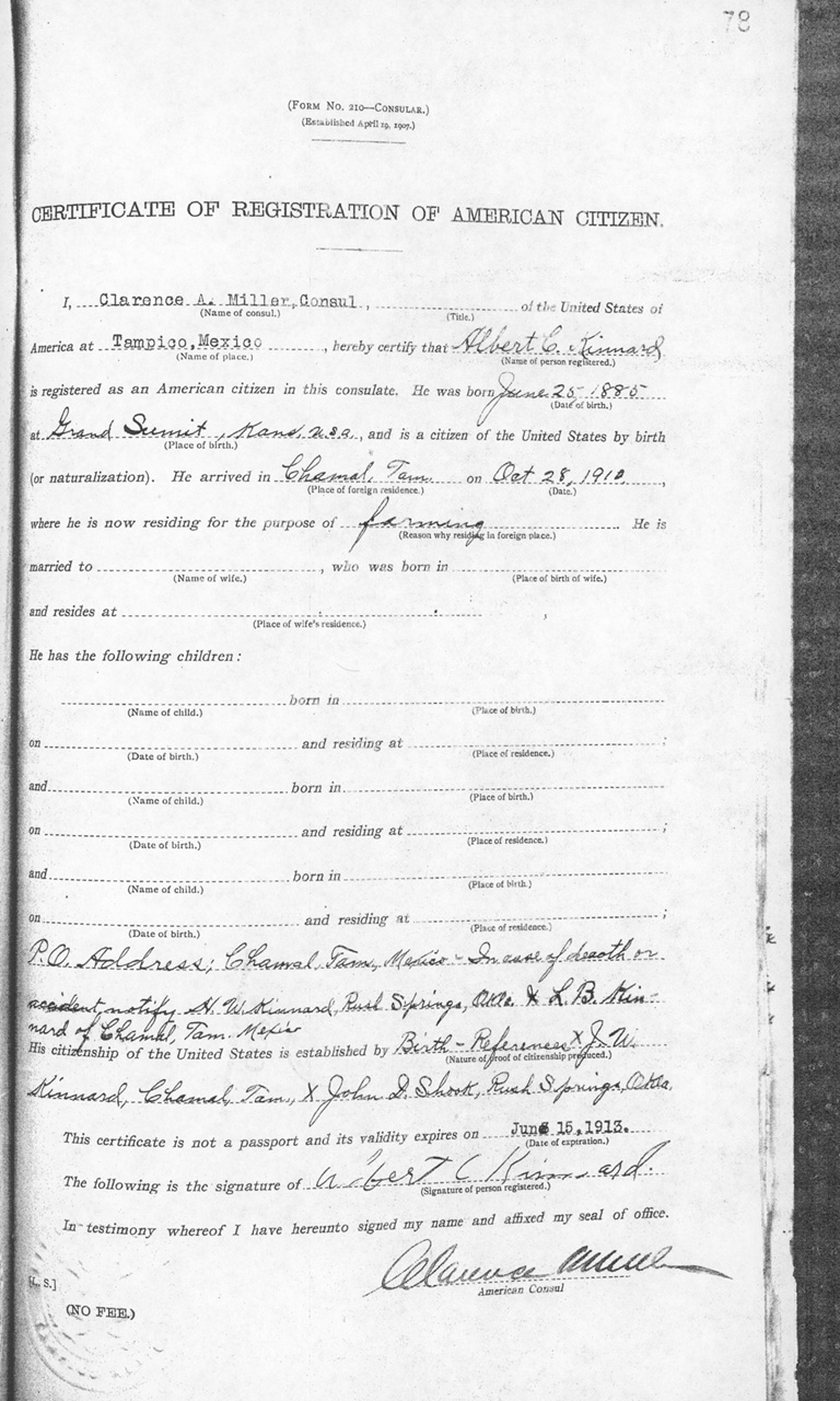 Albert E. Kinnard 1912 Certificate of Registration of American Citizen