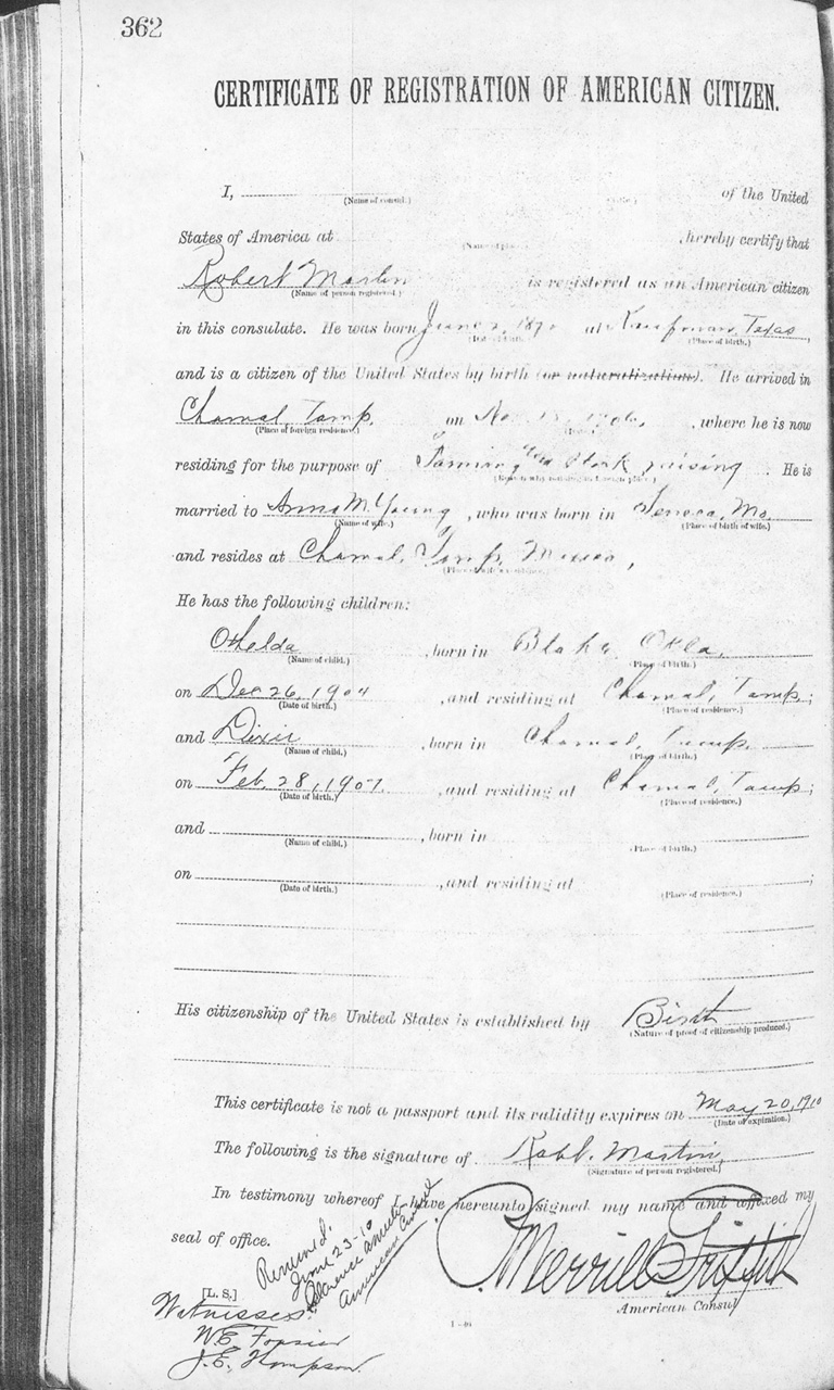 Robert Martin 1909 Certificate of Registration of American Citizen