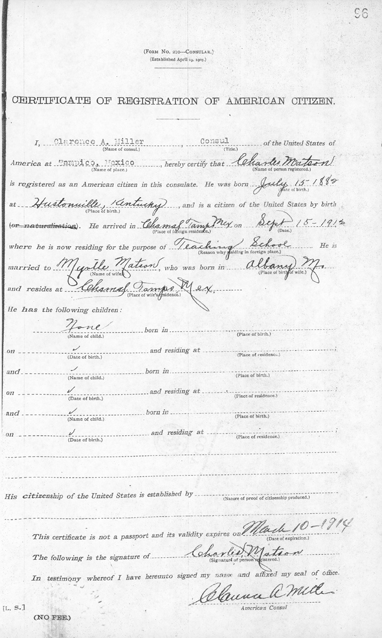 Charles Matsen 1913 Certificate of Registration of American Citizen