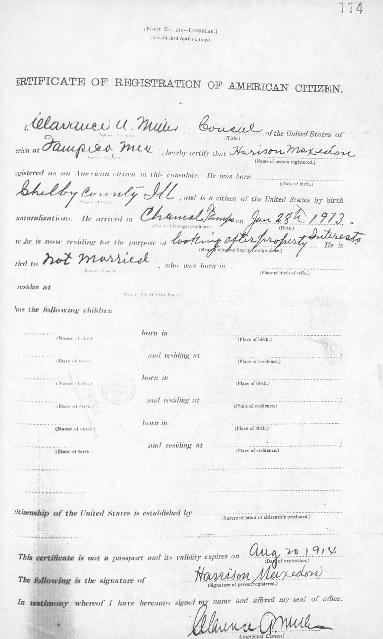 Harison Maxedon 1913 Certificate of Registration of American Citizen