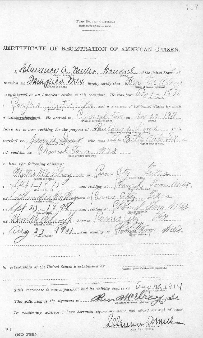 Ben McElroy Sr. 1913 Certificate of Registration of American Citizen