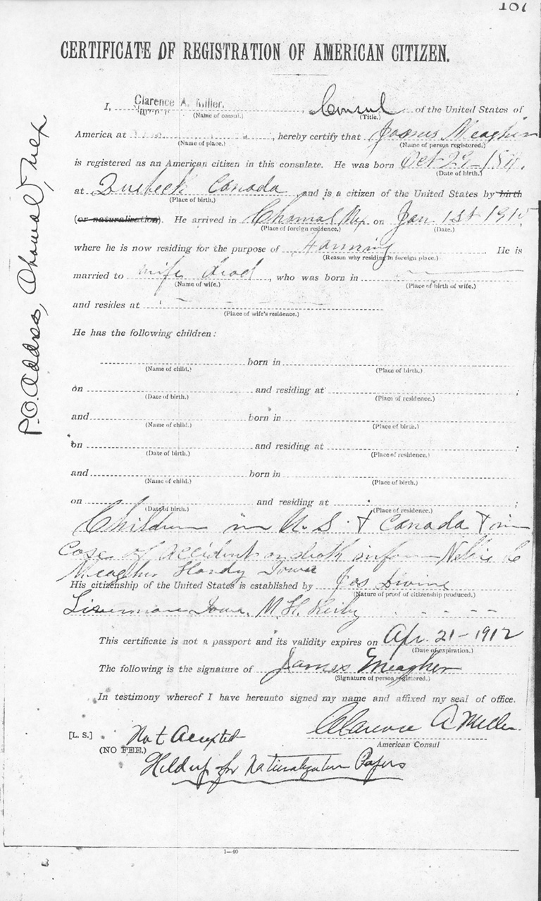 James Meaghen 1911 Certificate of Registration of American Citizen