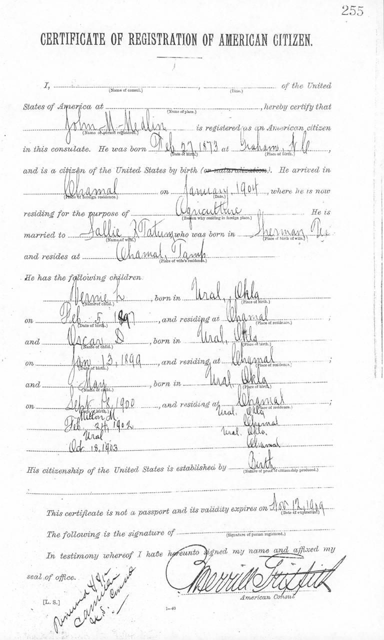 John Medlin 1908 Certificate of Registration of American Citizen