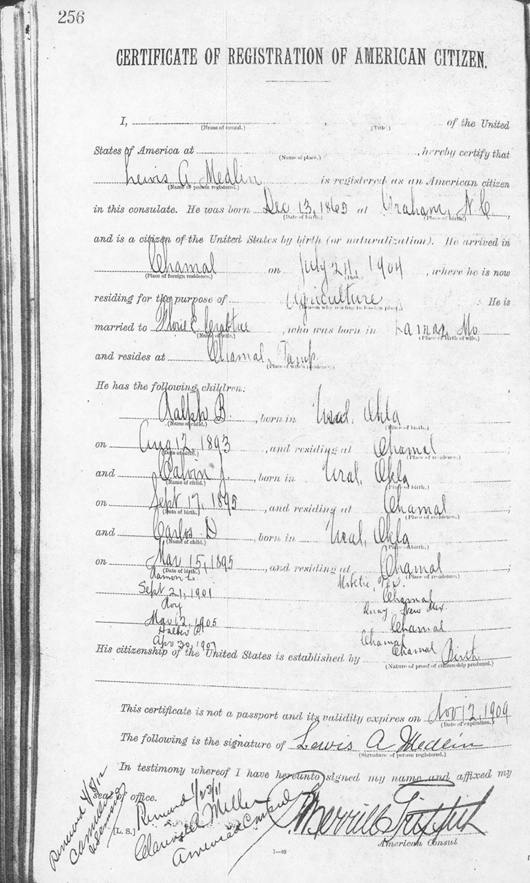 Lewis Medlin 1908 Certificate of Registration of American Citizen