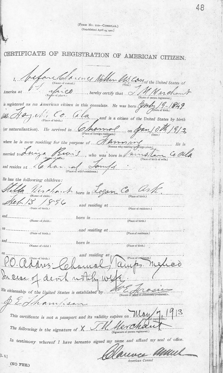 T. M. Merchant 1912 Certificate of Registration of American Citizen