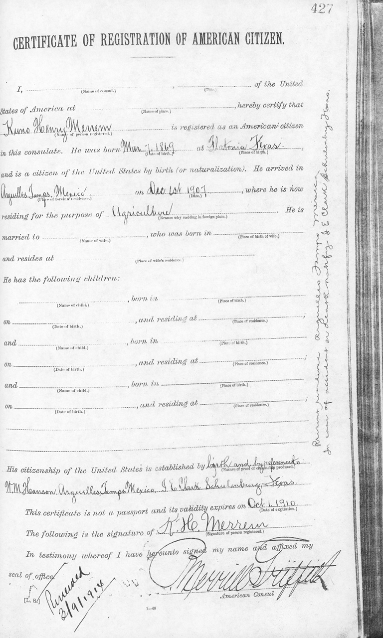 Kuno H. Merrem 1909 Certificate of Registration of American Citizen