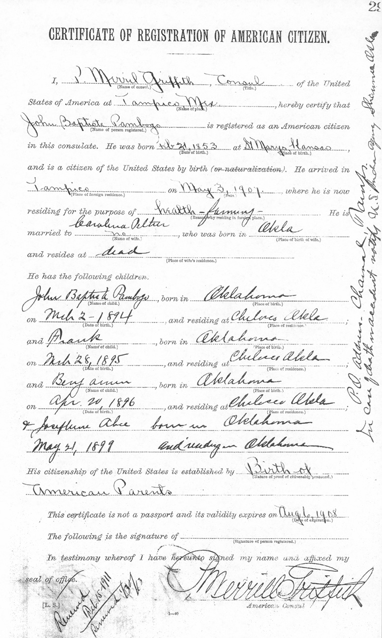 John Baptiste Pambogo 1907 Certificate of Registration of American Citizen