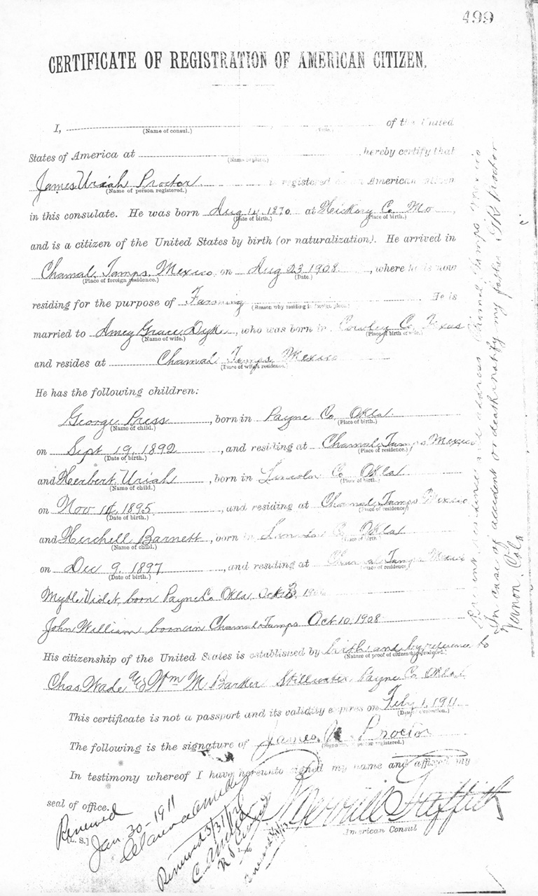 James Uriah Proctor 1910 Certificate of Registration of American Citizen