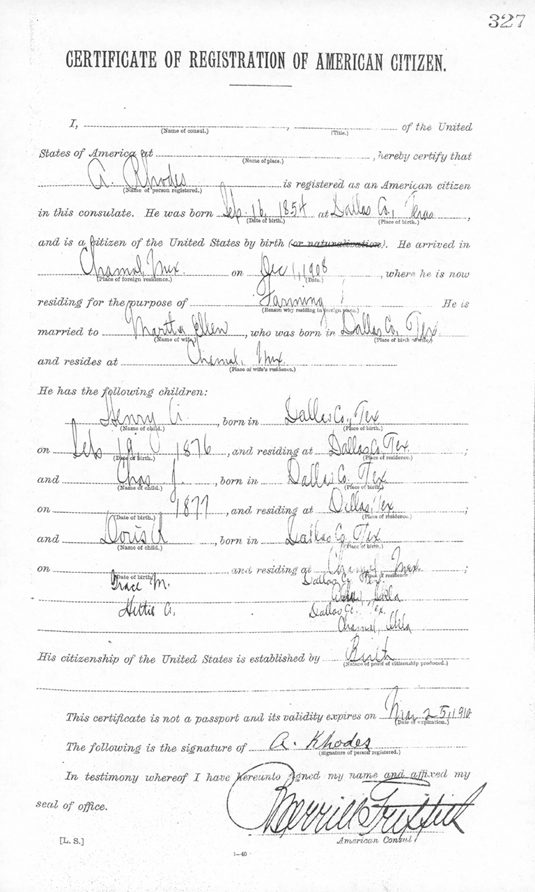 Albert Rhodes 1909 Certificate of Registration of American Citizen