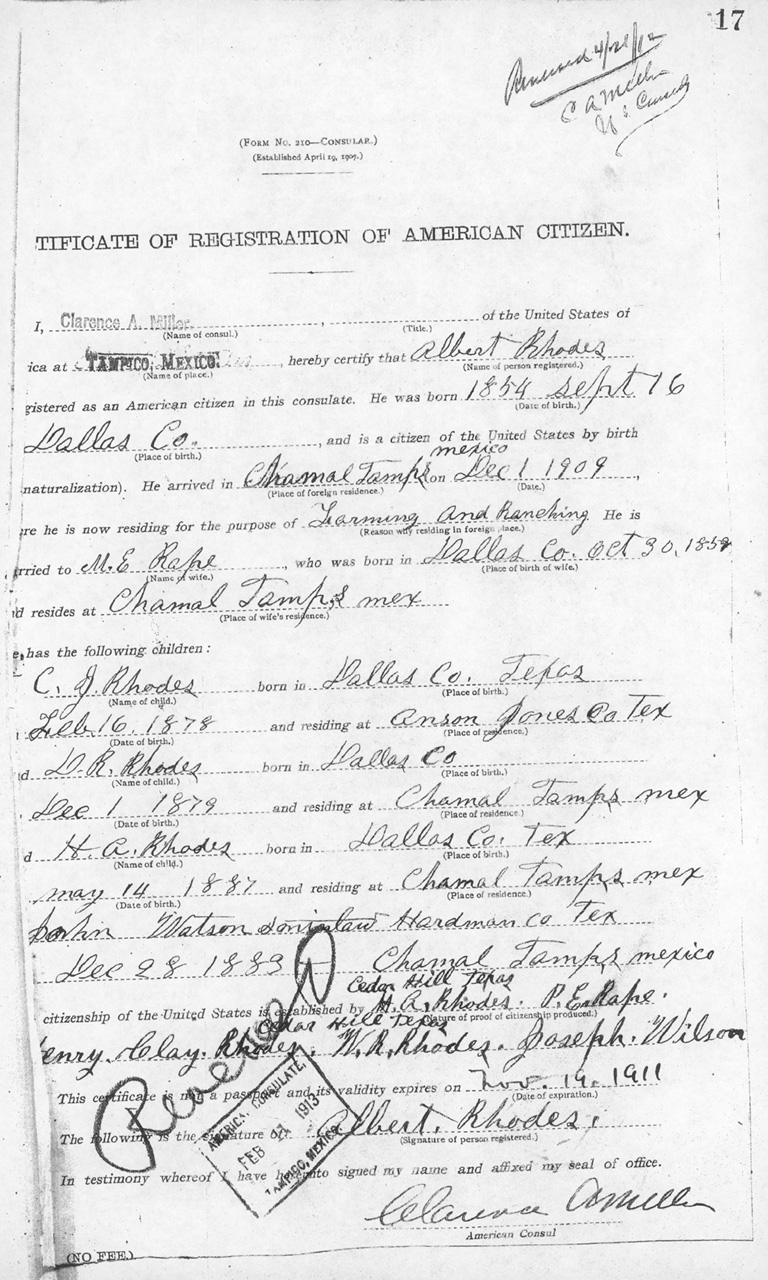 Albert Rhodes 1910 Certificate of Registration of American Citizen