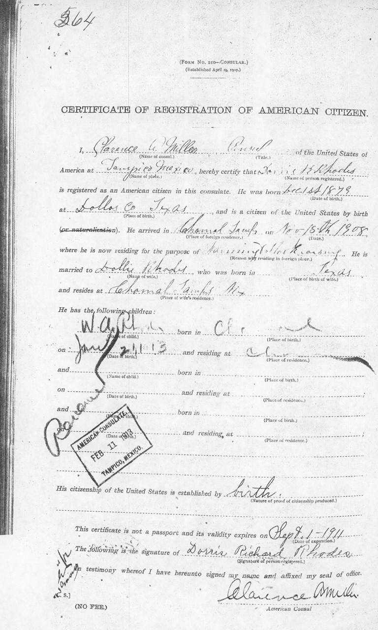 Dorris R. Rhodes 1910 Certificate of Registration of American Citizen