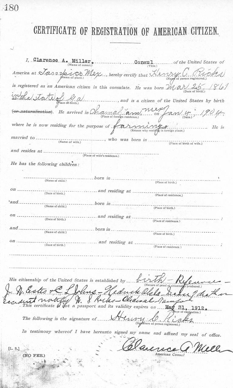 Henry C. Ricks 1911 Certificate of Registration of American Citizen