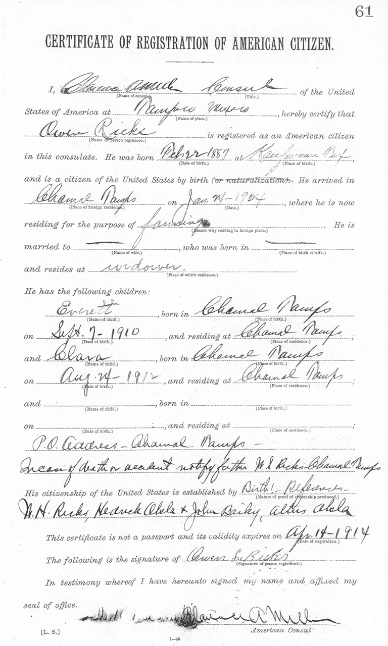 Owen Ricks 1913 Certificate of Registration of American Citizen